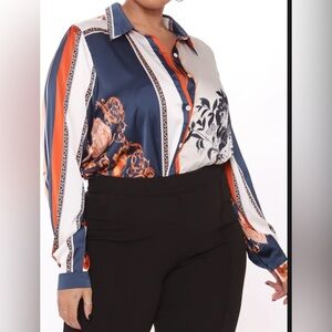 Fashion Nova Navy and Orange Button Down Shirt